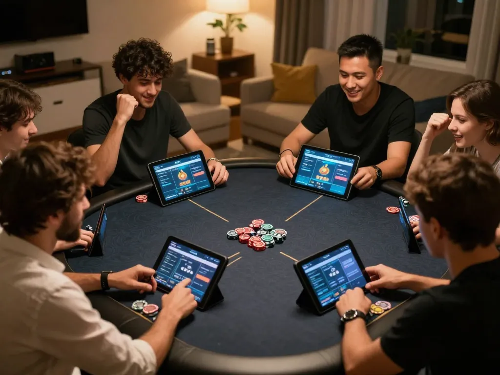 Players enjoying a competitive game on the GO88 app with friends in a cozy home setting