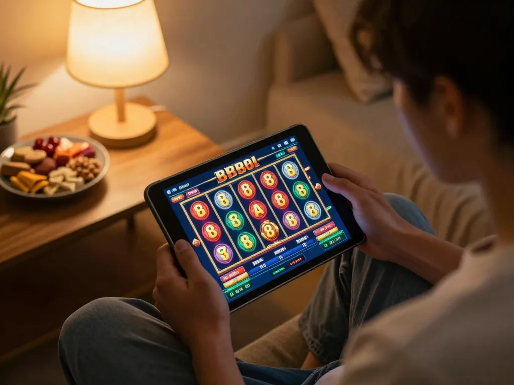 Engaging gameplay on slot88 displayed on a tablet in a cozy home setting with snacks.