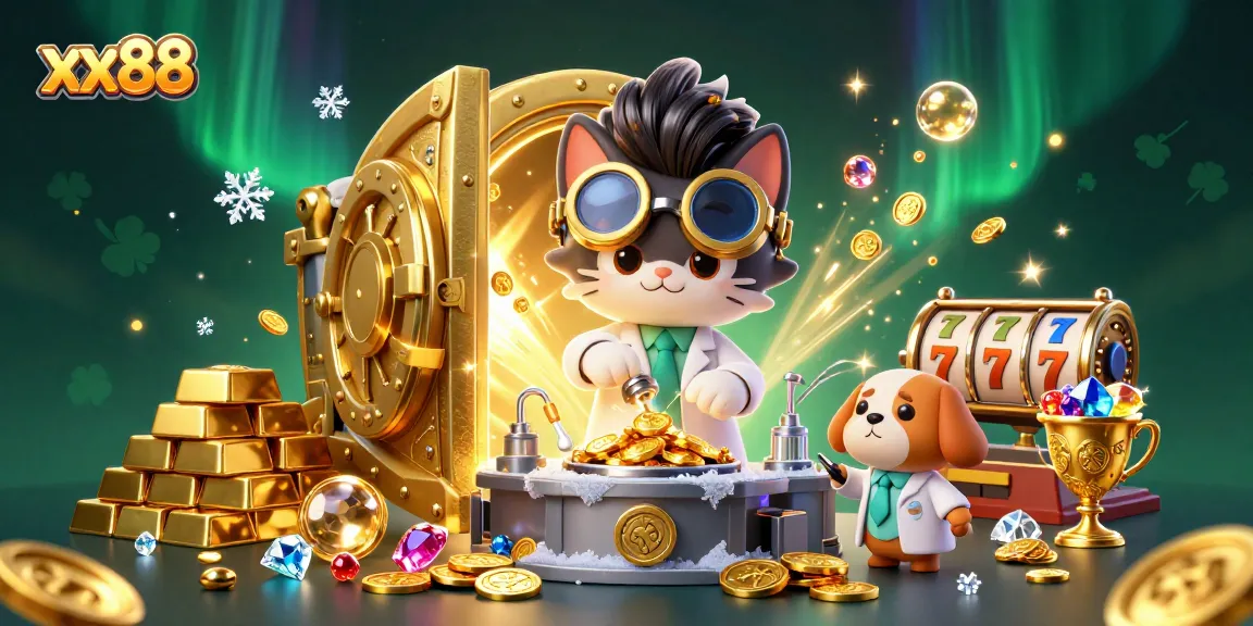 xx88 gaming experience illustrated with a mad scientist cat and dog creating casino wealth.