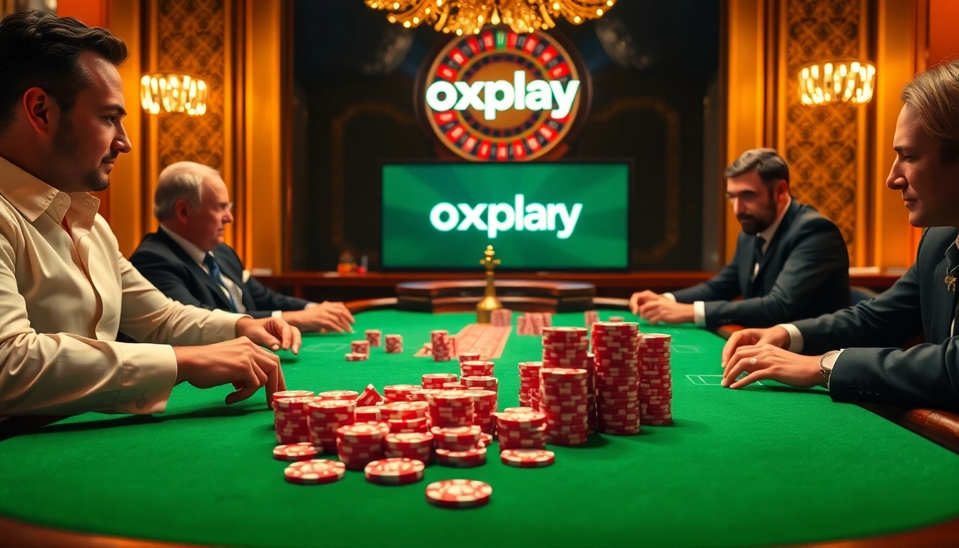 Players strategizing in a luxurious casino scene with oxplay branding.