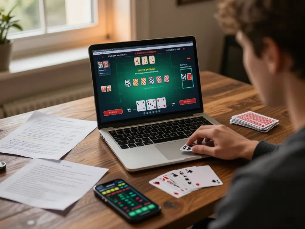 UGDEWA online blackjack player analyzing strategies and bets in a strategic home setup