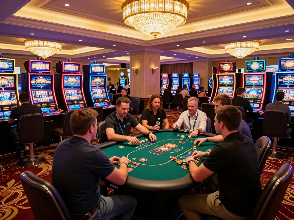 Players enjoying high-stakes poker at a luxury casino floor illuminated by vibrant lights, featuring XX88.