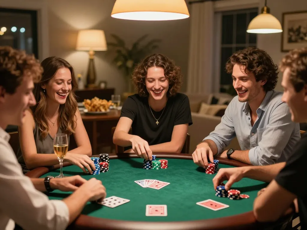 Friends enjoying a lively poker game at home, showcasing the excitement of gambling with OK9.