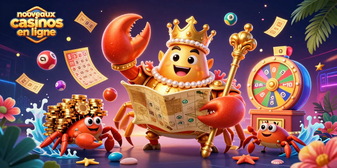 Admirez les nouveaux casinos en ligne avec un crabe doré imposant au centre d'une scène colorée et dynamique.