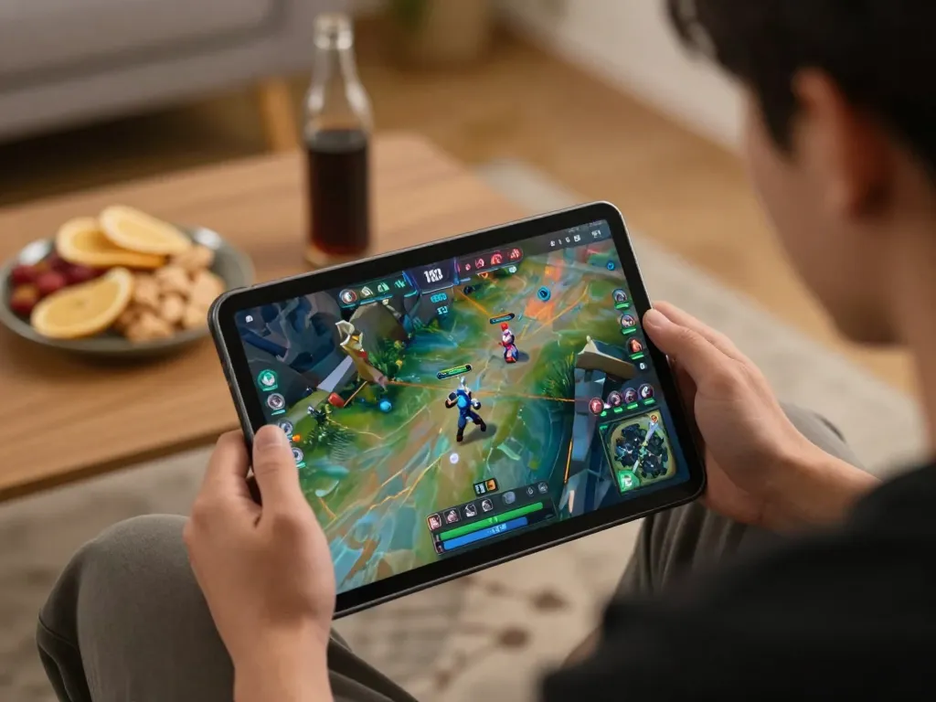 IDNSCORE online gaming session with a player engaged in competitive gameplay at home, showcasing vibrant graphics and casual atmosphere.