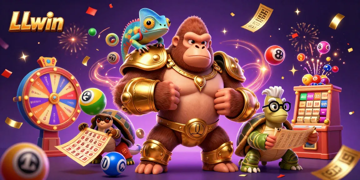 LLwin's vibrant casino illustration showcases a powerful gorilla, chameleon, and tortoise amid dynamic gambling elements.