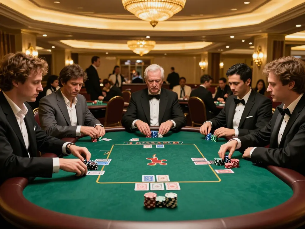 Fesselndes Pokerspiel in einem gehobenen Casino mit Immobilienmakler Frankfurt Sachsenhausen-Spielern, die strategische Einsätze mit lebhaften Chips und Karten platzieren.