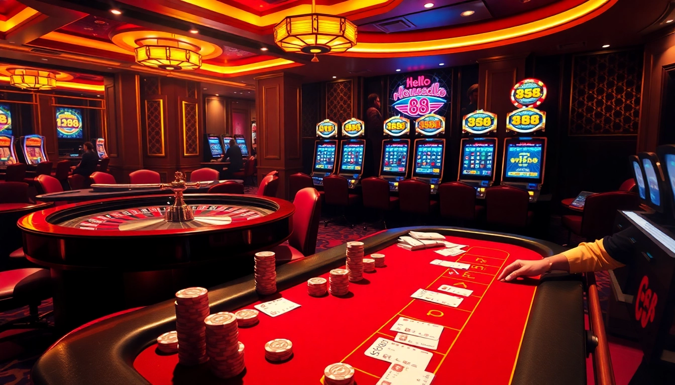 Players enjoy high-stakes games with 'hello 88' theme in a luxurious casino atmosphere.