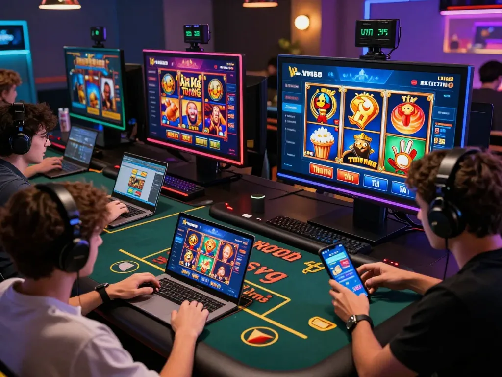 Engaging VN88 online casino gaming scene with diverse players enjoying popular slots and live tables.