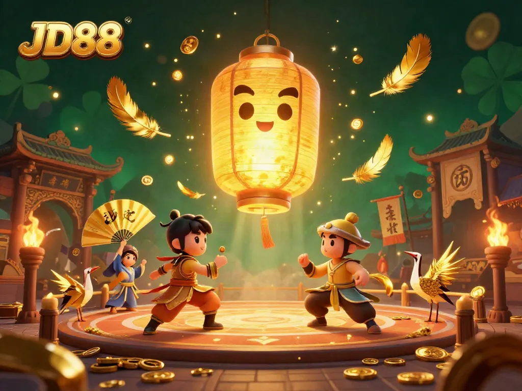 Engage with JD88’s thrilling online casino scene featuring dynamic golden lanterns and lucky symbols.