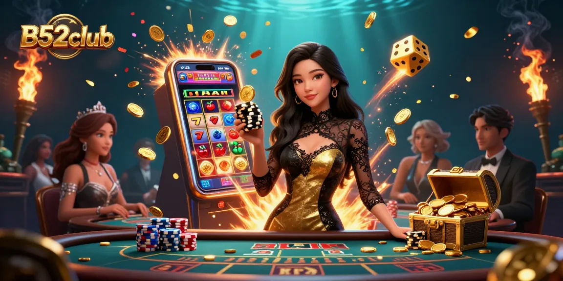 B52club promotes high-stakes gaming with an Asian woman in a glamorous outfit at a baccarat table, winning golden chips.