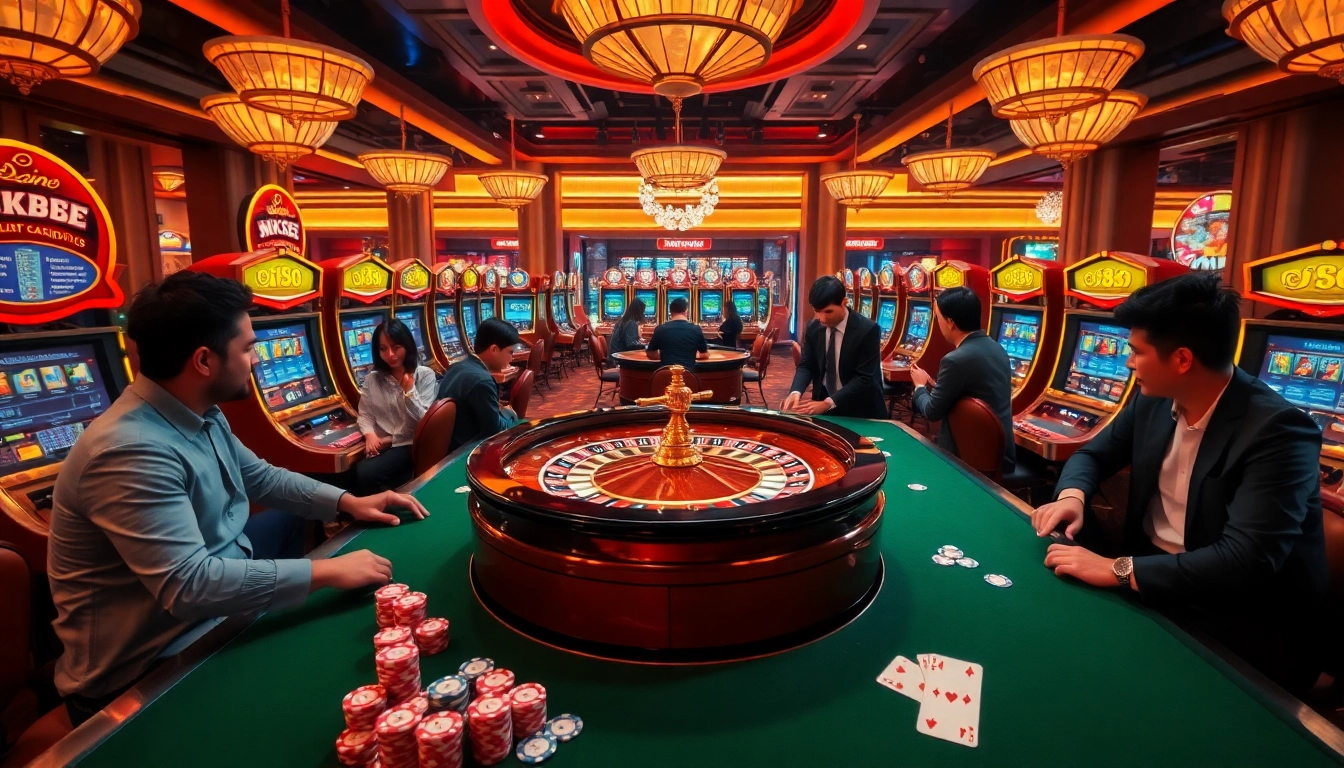 Players enjoying the thrill of NK88 at a luxurious casino table with vibrant slot machines.