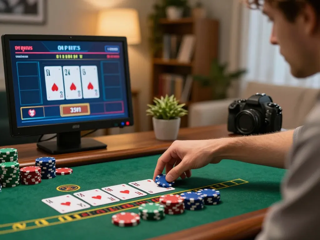 Player engaging in live blackjack at home, showing tx88 betting actions and online interface.