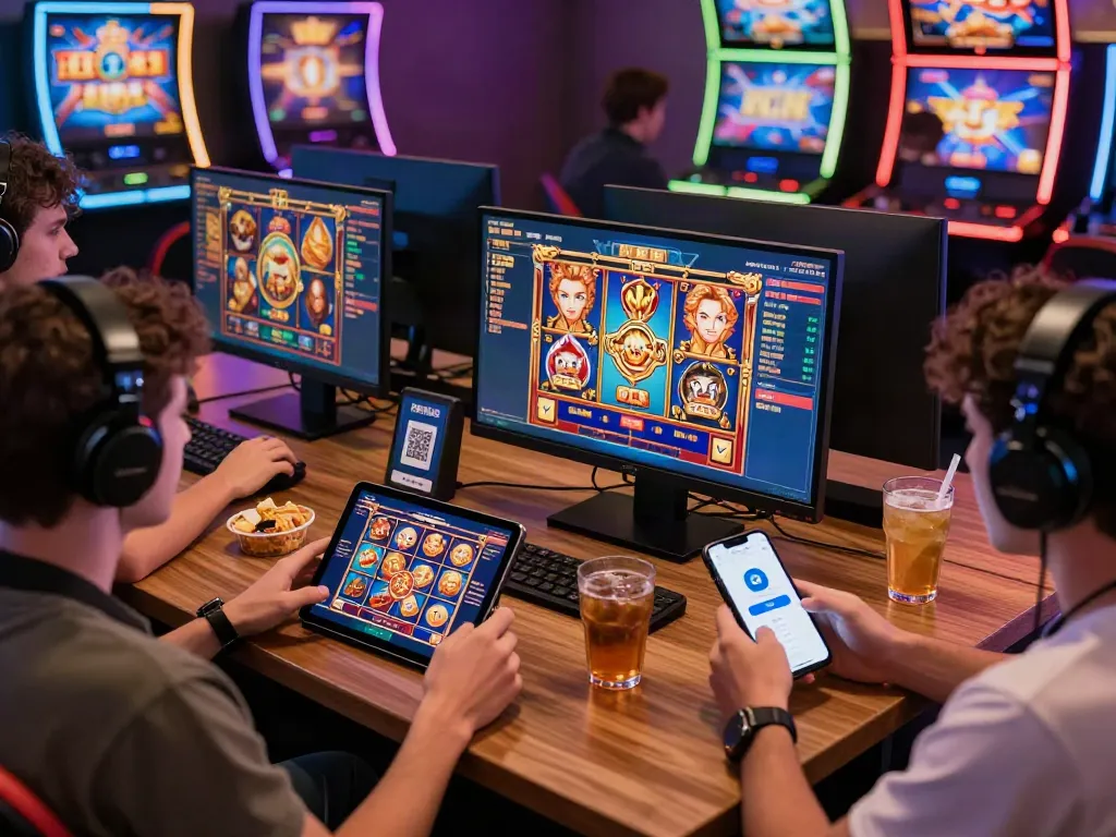 Players enjoying engaging slot games on digital devices with QRIS payment.