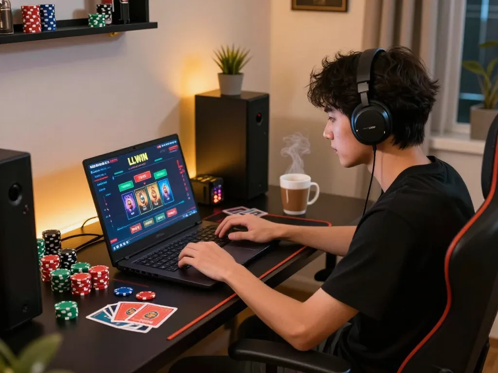 Player enjoying LLWIN online casino on laptop at cozy home setup