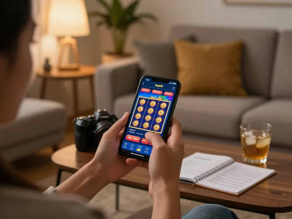 Person enjoys fun79 app while gaming on mobile device at home with cozy ambiance and strategy notes