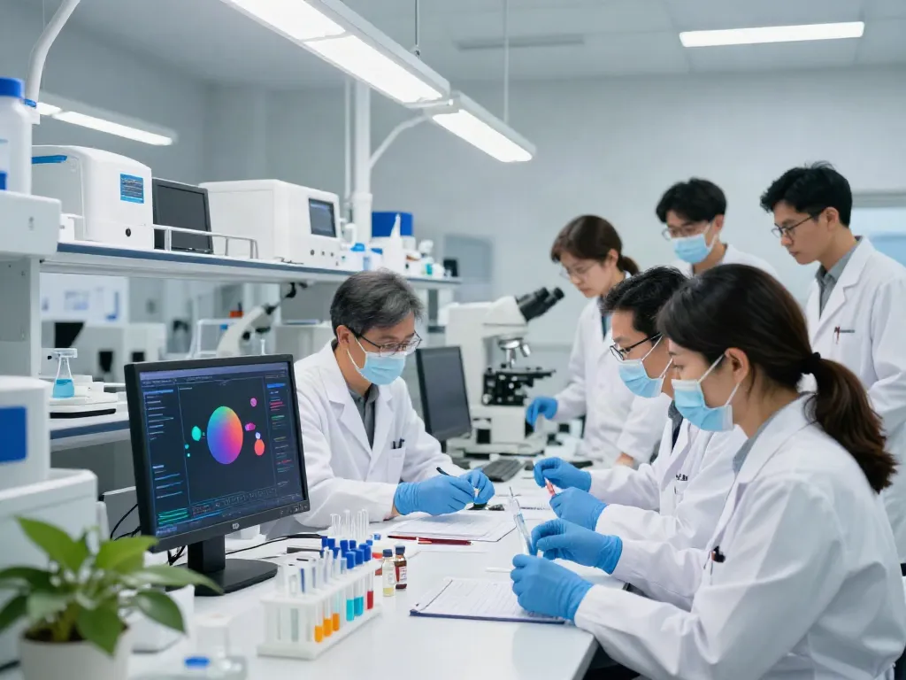 BPC-157 research peptide being studied by diverse scientists in a modern lab setting.