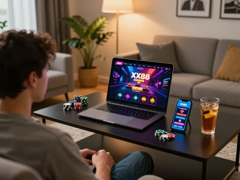 Engaging in dynamic XX88 online betting with laptop and mobile displayed in a cozy home setup.