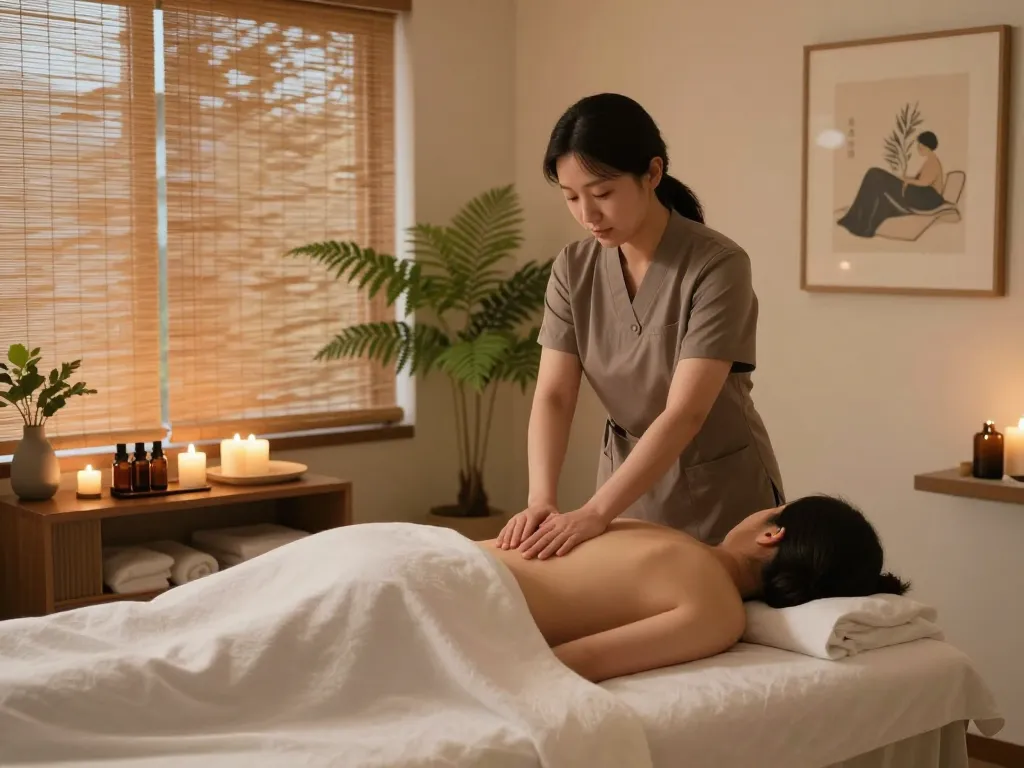 Relaxing massage therapy room featuring a serene setting for 논현동마사지, with calming elements enhancing relaxation.
