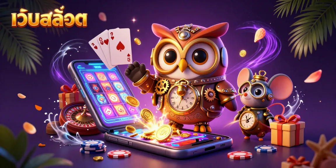 Spin the reels of เว็บสล็อต with a time-traveler owl and casino-themed elements in a vibrant scene.