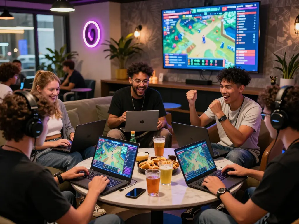 Exciting gaming event featuring friends enjoying Autowin88 online games in a vibrant urban lounge.