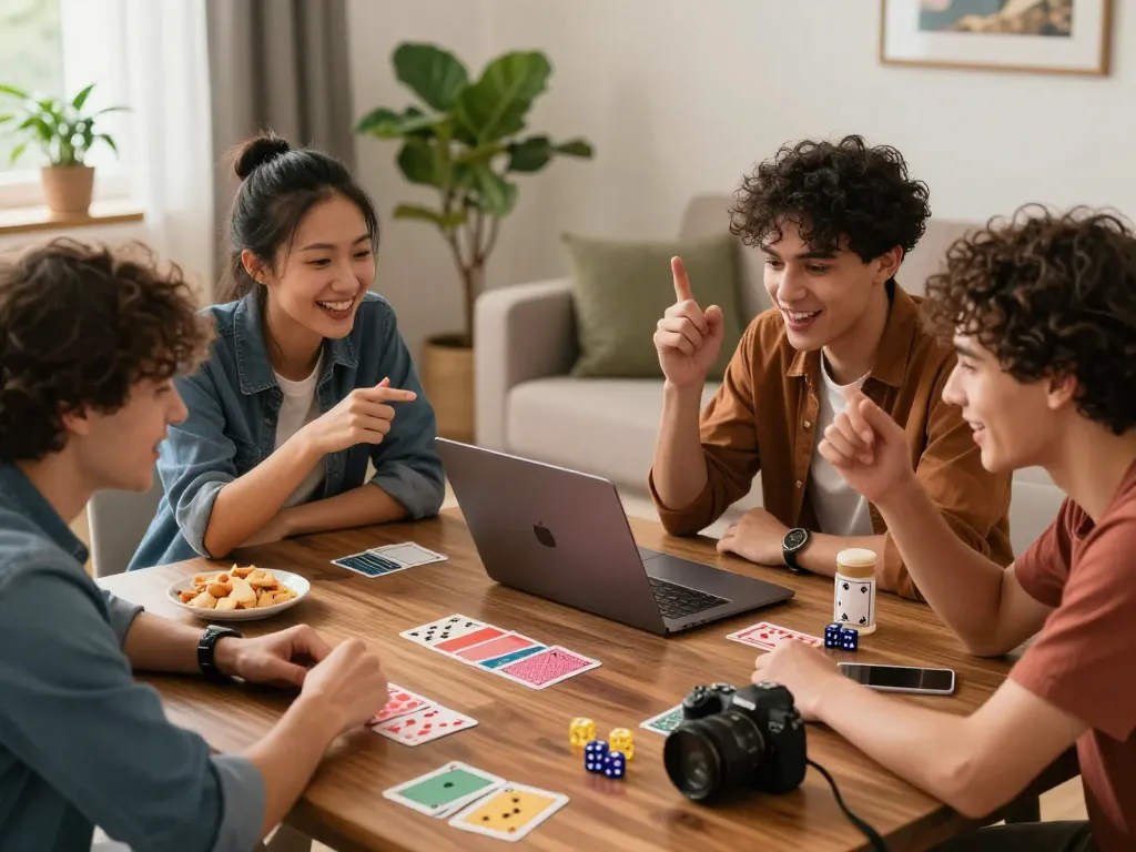 Group of friends strategizing for wraungtoto gaming session in a cozy living room.