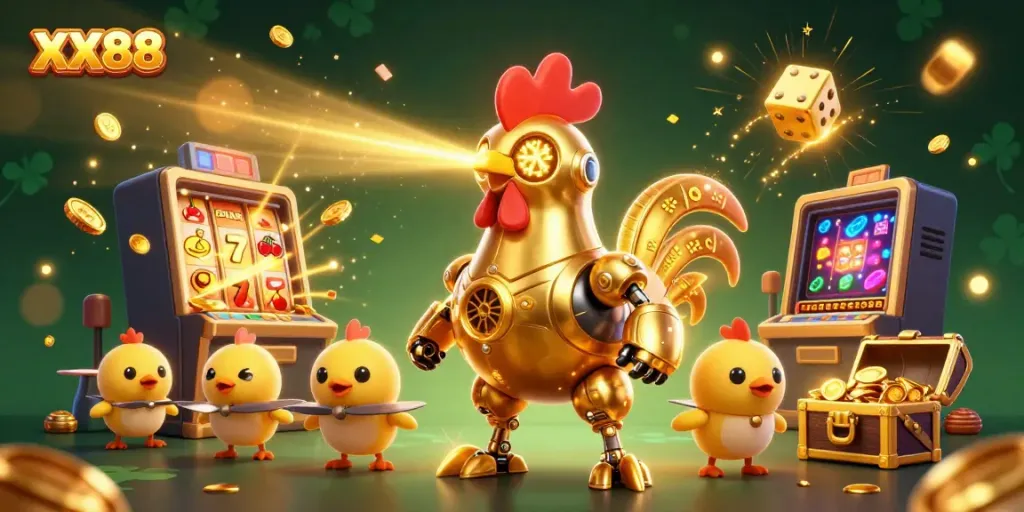 Win big at XX88 with a dynamic scene featuring golden rooster robot, slot machine, and jackpot excitement.