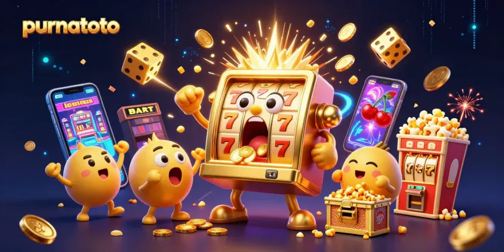 Purnatoto menghadirkan pengalaman mesin slot 3D dengan jackpot dan kemeriahan koin terbang di sekelilingnya.