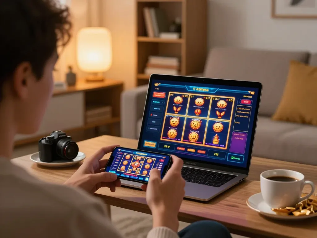 Player engaging with hb88 com casino app on smartphone at home for responsible gaming.