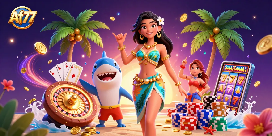 Join the excitement at Af77 with a captivating 3D scene featuring a beach goddess and a surfer shark, filled with casino elements.