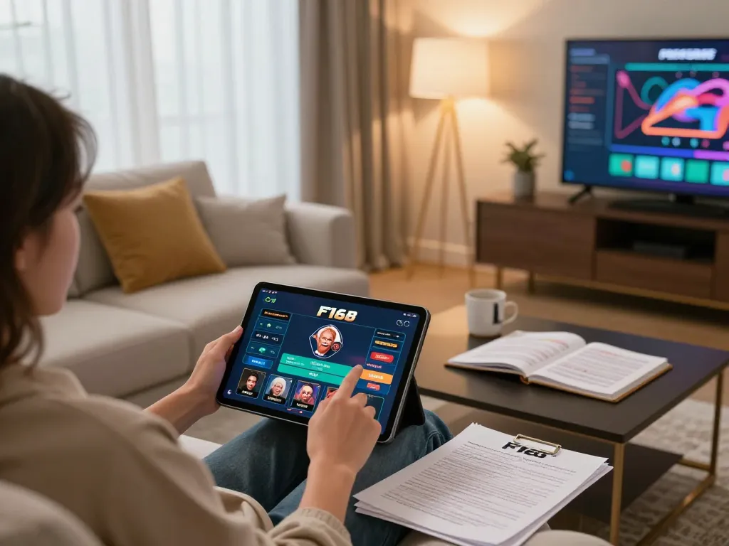 Player enjoying F168 casino app on tablet in a cozy home setting, showcasing responsible gaming