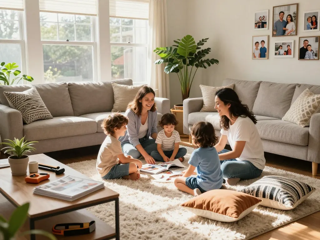 Familia disfrutando de tiempo de calidad en una acogedora sala de estar, mostrando servicios para el hogar a través de elementos de mejora del hogar y decoración.