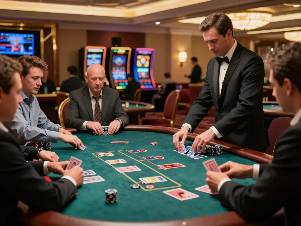 Players strategizing in a lively blackjack game at a Vegas casino NK88, showcasing excitement and betting action