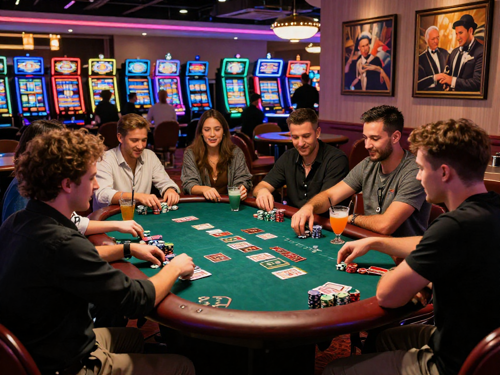 Friends enjoying a lively game of vin88 at a casino poker table.