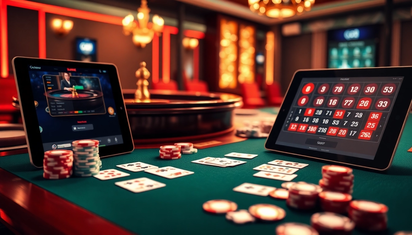 Experience the thrill of go8 gaming with a luxurious casino table and roulette wheel.