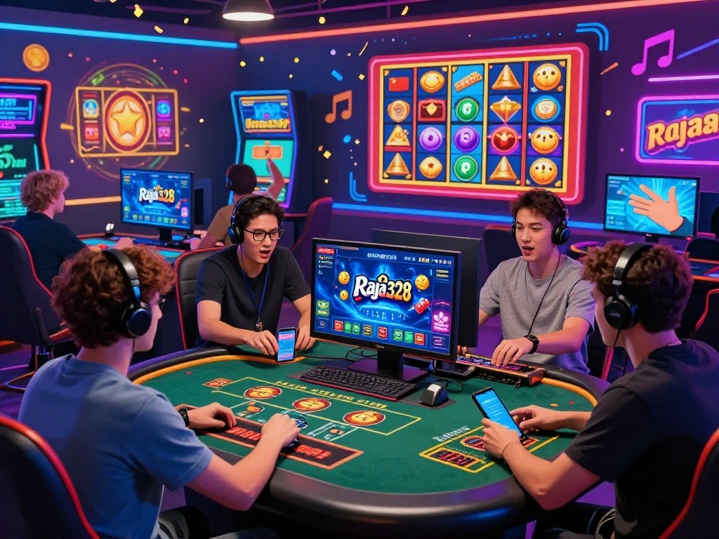 Engaging online gaming community scene featuring players using Raja328 platform to explore slots and live casino games.