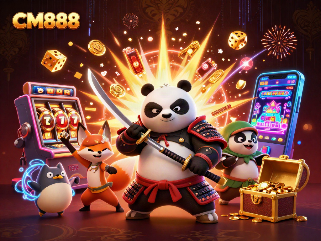 Engage in thrilling gameplay with CM888 as a samurai panda draws a katana in a vibrant casino scene.
