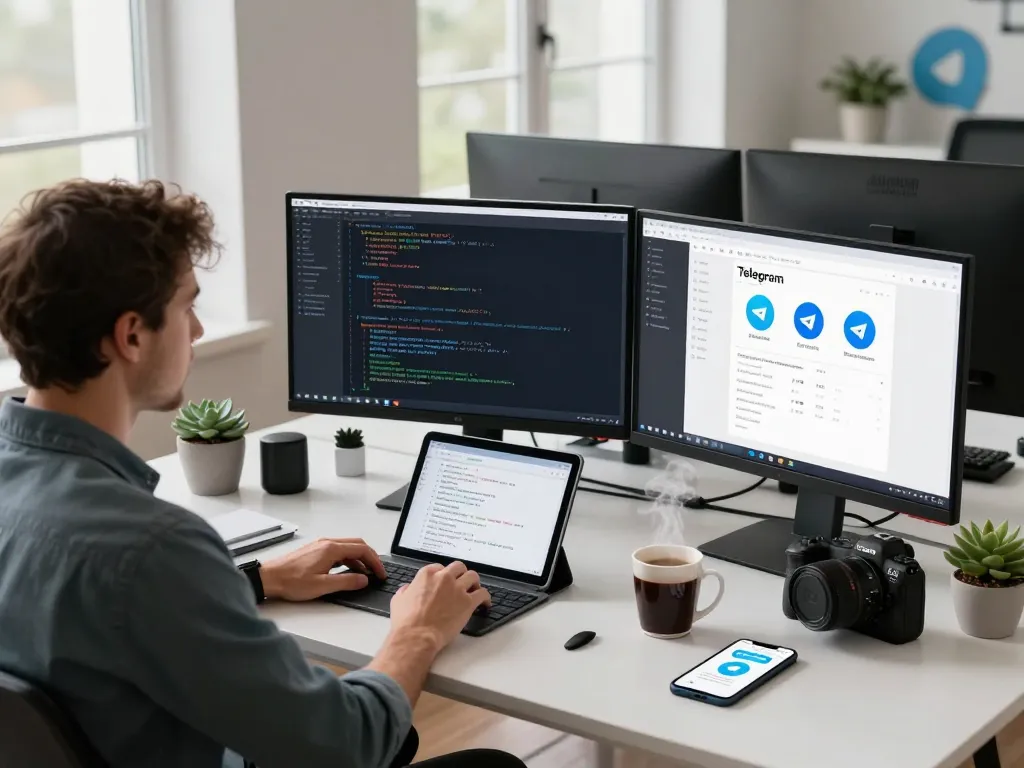 Developer coding Telegram 下载 in a modern workspace with multiple monitors and tech gadgets.