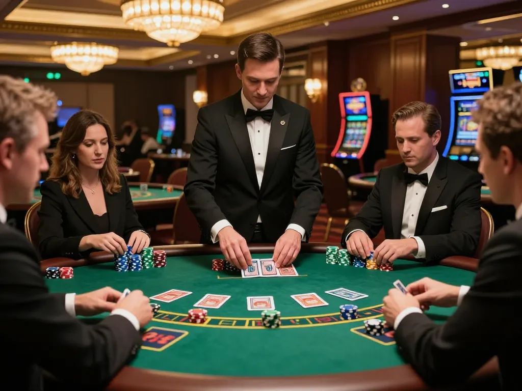 Players engaging in strategic blackjack at sc88 casino table, vibrant atmosphere, colorful chips stacked.