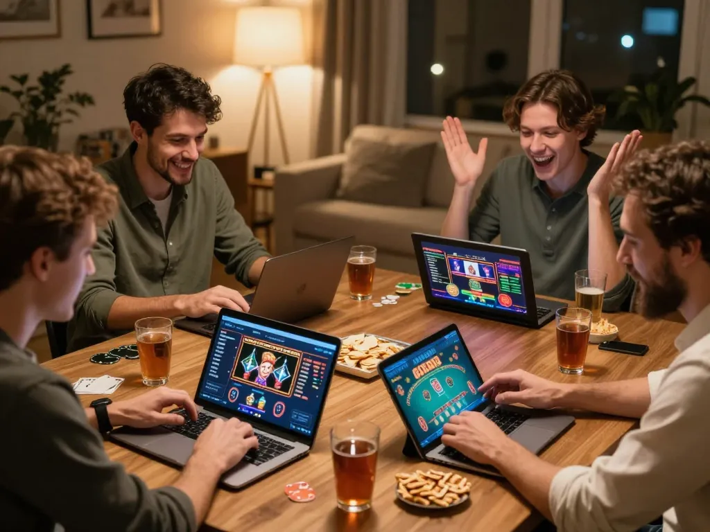 MM88 players engaging in a live online casino game from home with a laptop and snacks