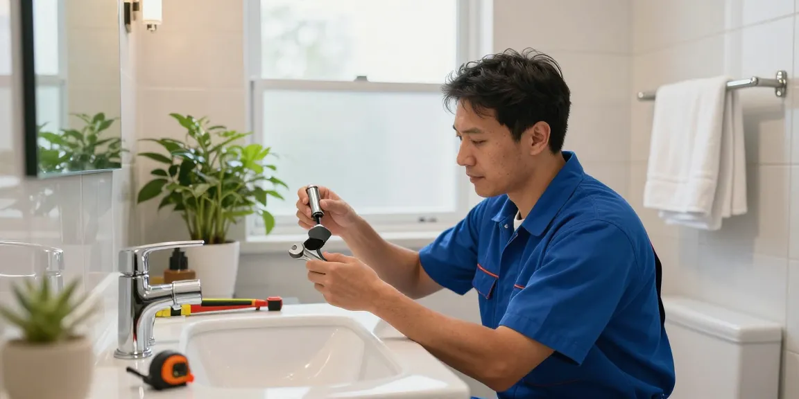 Reliable plumber in Northampton installing modern bathroom sink, showcasing quality plumbing services at home.