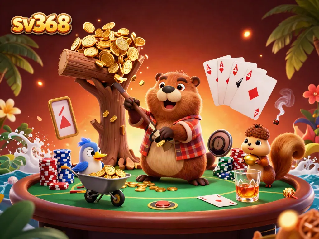 Experience sv368's thrilling poker scene with animated characters celebrating golden coin wins.