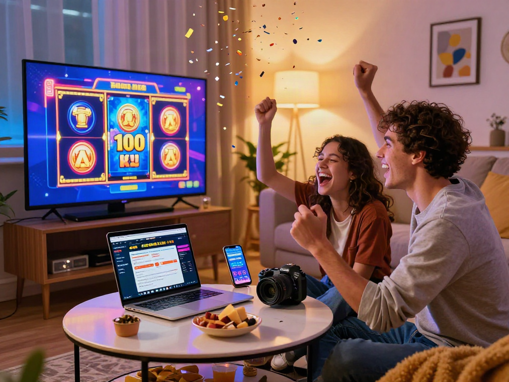 Celebrating a win with slot bonus new member 100 at a cozy home gaming setup.