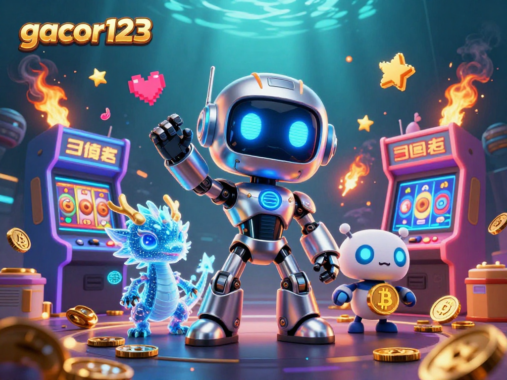 Engage with gacor123's thrilling slot experience featuring vibrant arcade machines and a dynamic robot mascot.