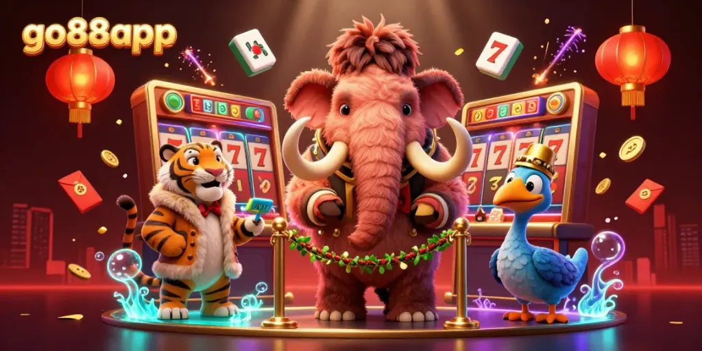 Experience the excitement of go88app with a vibrant casino scene featuring a woolly mammoth bouncer and slot reels.