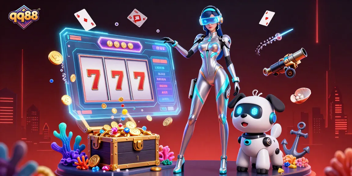 Experience the excitement of qq88's casino with a vibrant 3D illustration showcasing thrilling games and futuristic elements.