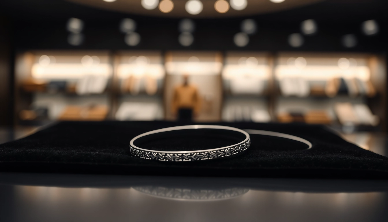 Showcasing exquisite men’s jewelry, a silver bracelet with geometric patterns shines on a velvet backdrop.