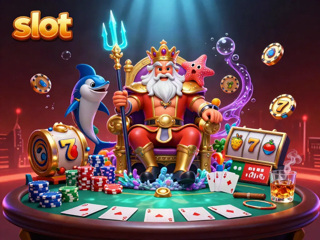 Experience thrilling slot action with cartoon Neptune, lucky symbols, and poker elements.