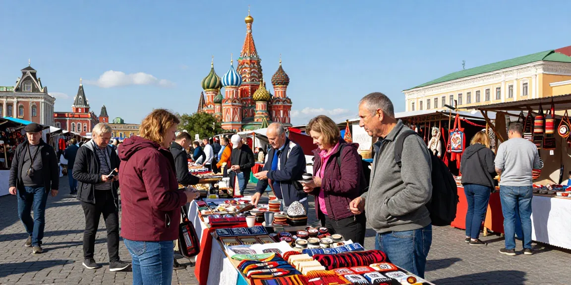 Pengunjung internasional di pasar Rusia dengan berbagai produk lokal di https://payinrussia.com/ dan arsitektur ikonik sebagai latar belakang.