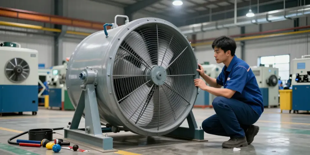 Quạt công nghiệp lớn đang được kỹ thuật viên kiểm tra và bảo trì trong nhà máy.
